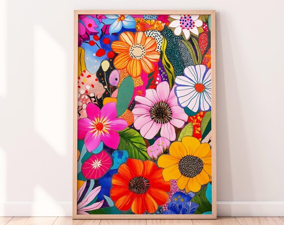 Vibrant Abstract Flowers Wall Art Maximalist Modern Colorful Floral Wall Decor Trendy Art Eclectic Art Tropical Flowers