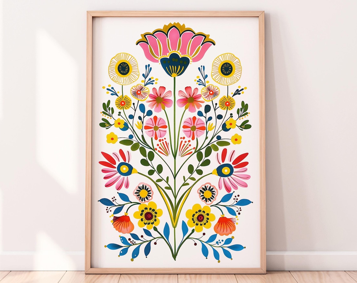 Colorful Scandinavian Folk Art Flower Art Print