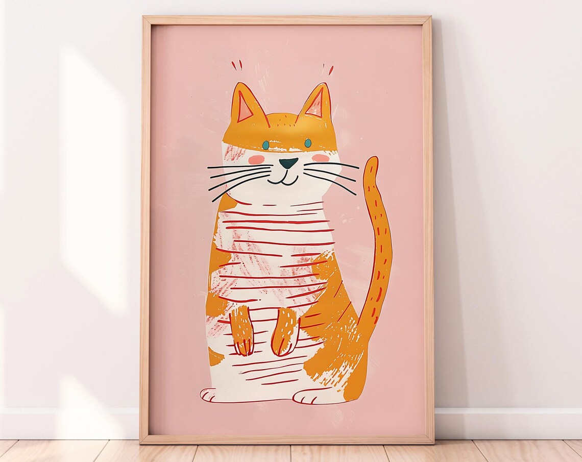Cute Orange Tabby Cat Striped Kitten Pink Nursery Room Art Poster - Image 2