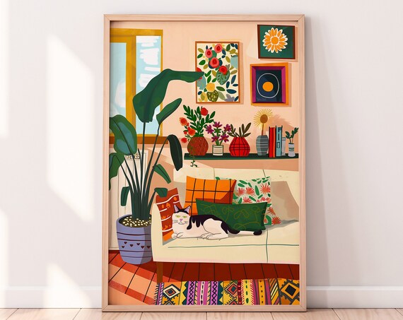 Cat Lounging on Sofa Cozy Boho Plant Filled Living Room Poster