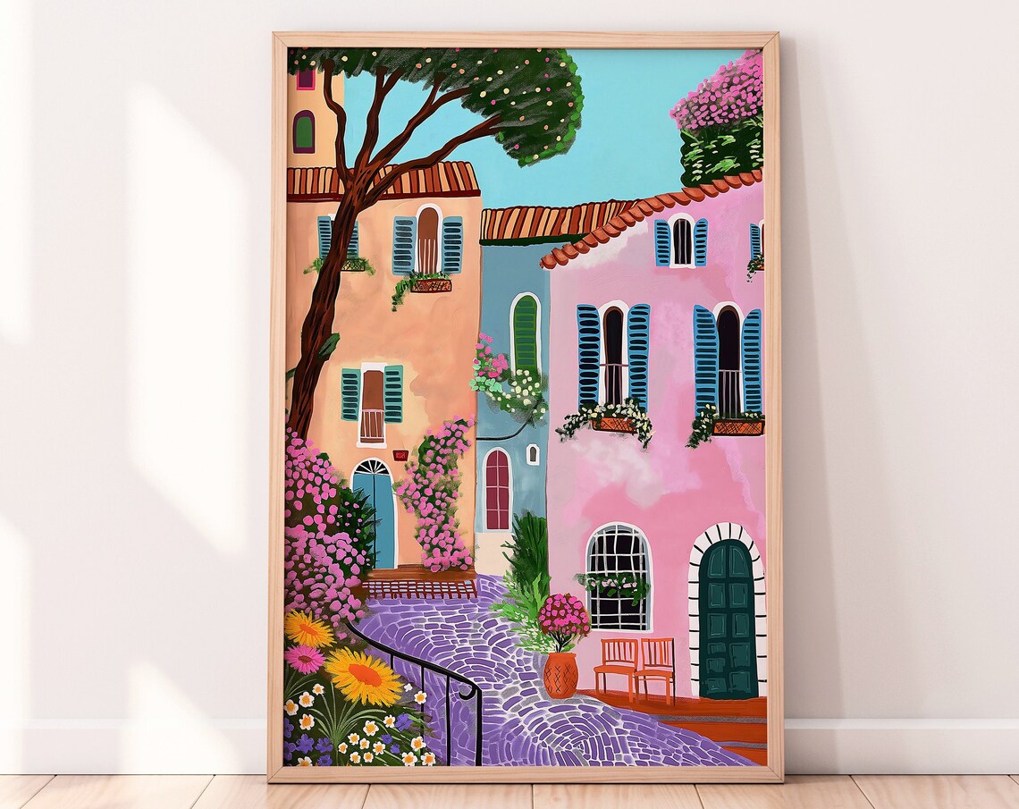 Colorful Italian Street With Flowers And Blue Shutters Poster