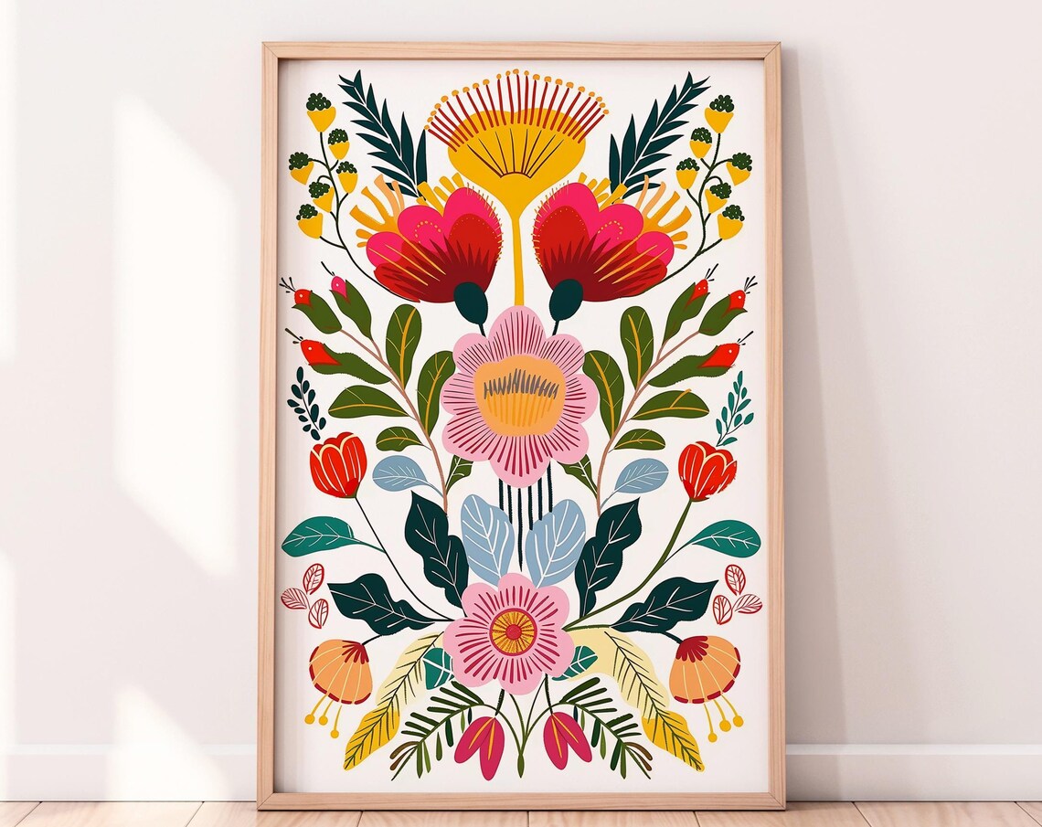 Colorful Floral Folk Art Illustration, Nordic Art Print
