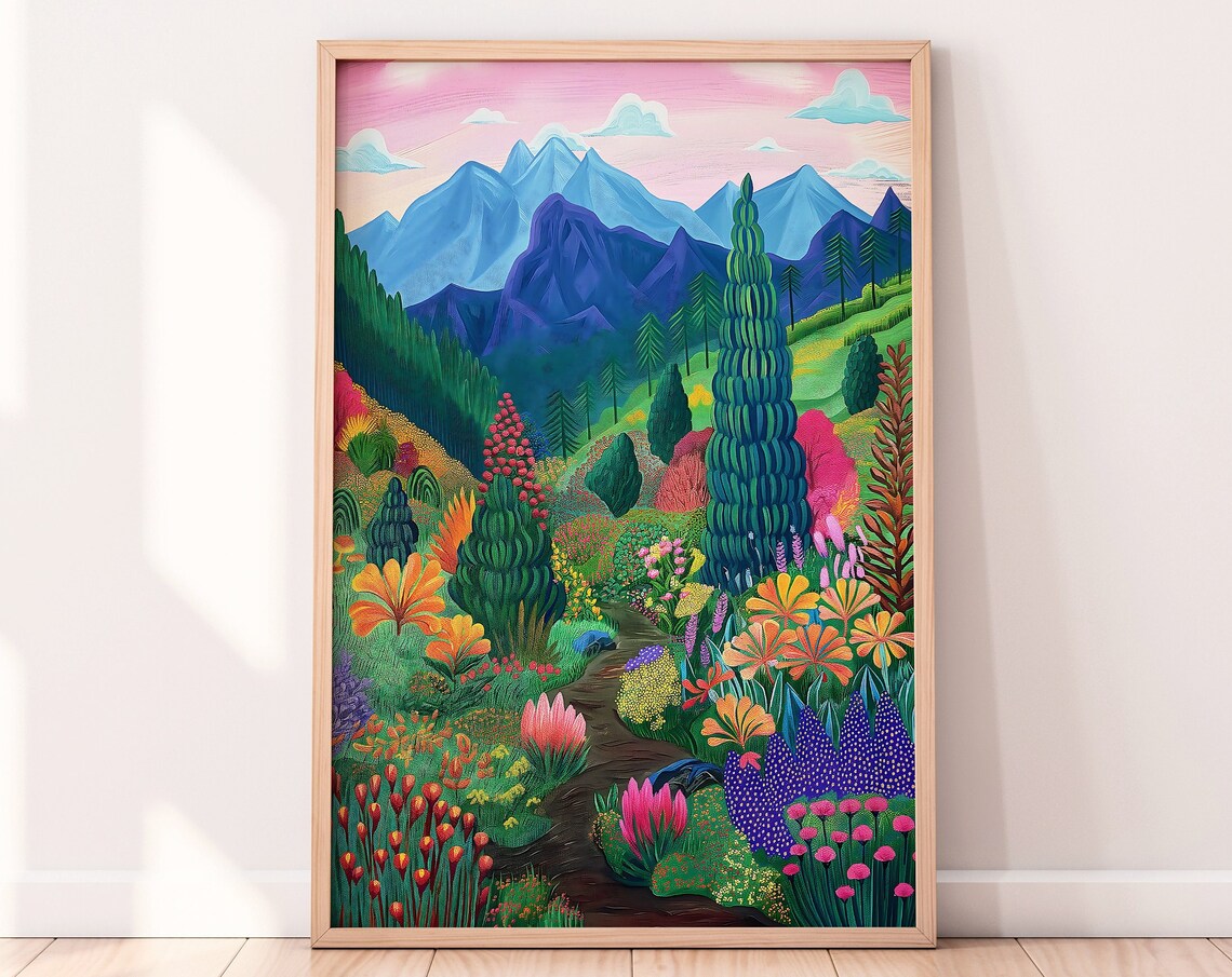 Floral Mountain Scenery Illustration Art Print