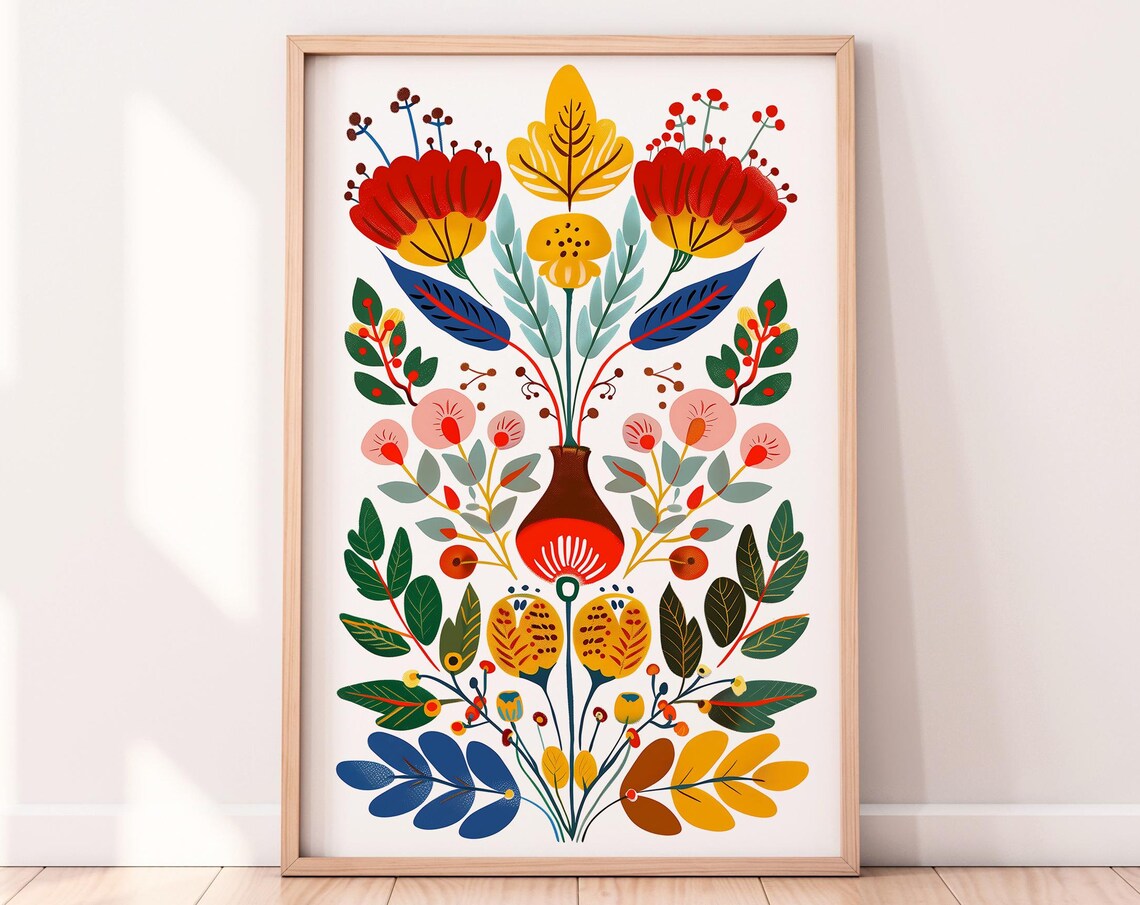 Nordic Floral Folk Art Illustration, Scandinavian Print