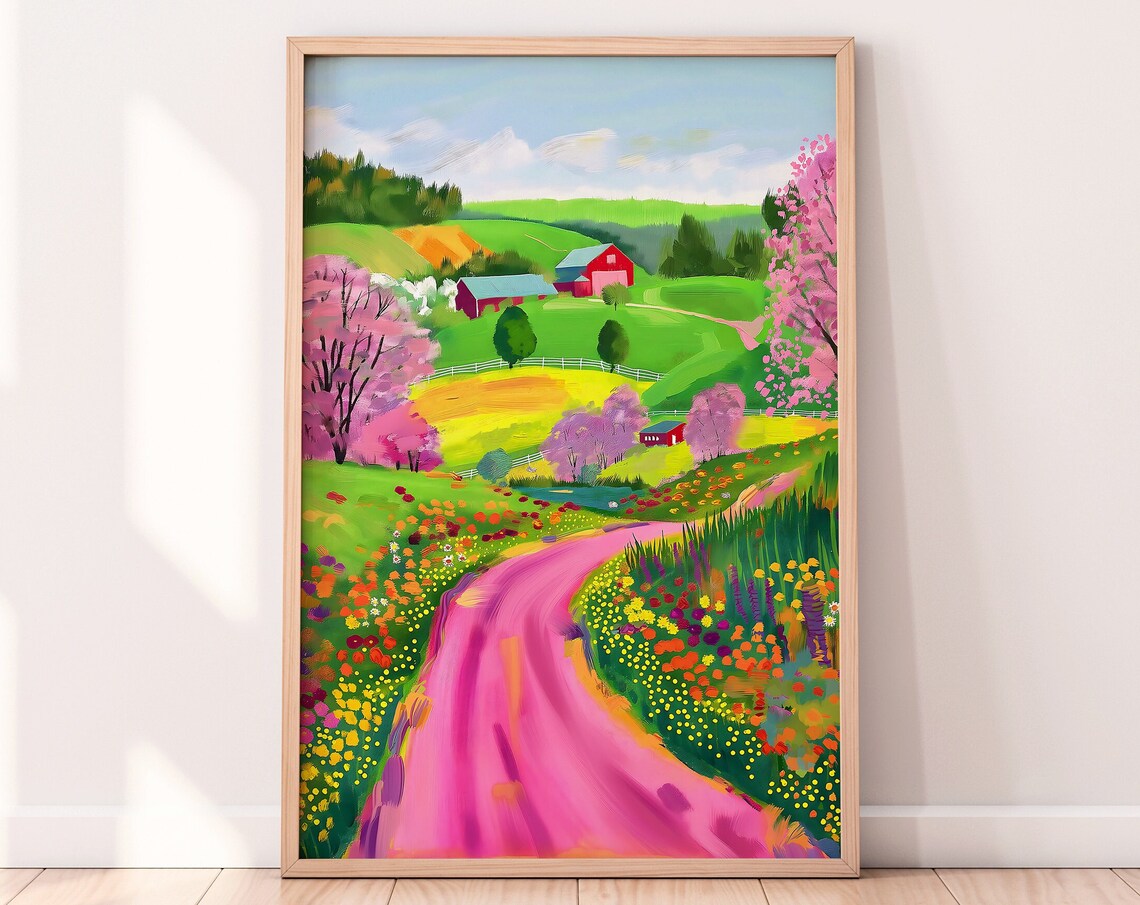 Whimsical Pink Country Road Farm Barn Wildflower Fields Poster