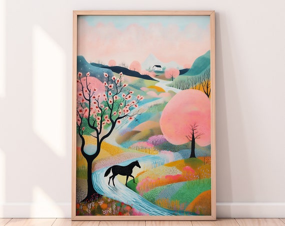 Spring Meadow Horse Drawing, Vibrant Landscape Art Print