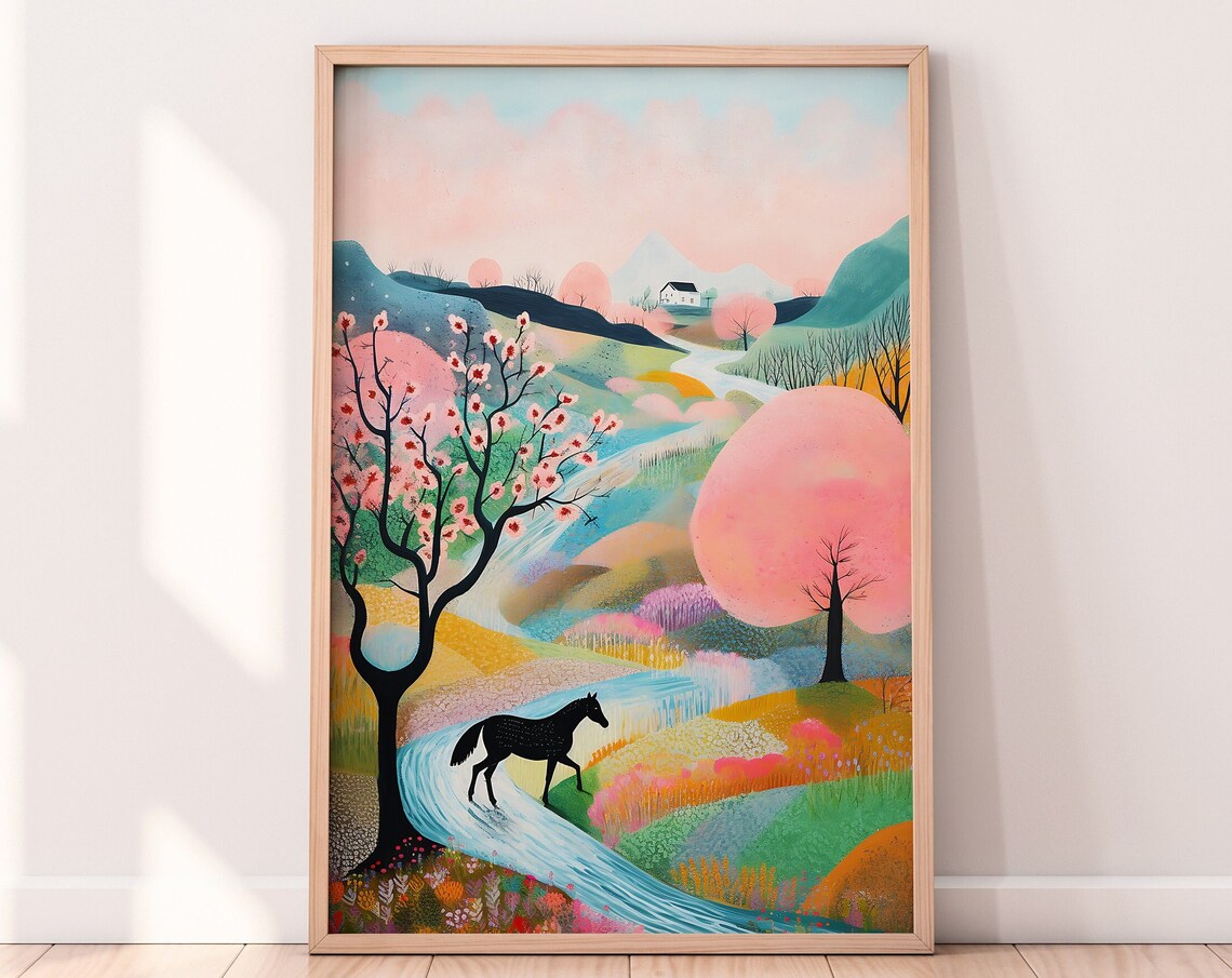 Spring Meadow Horse Drawing, Vibrant Landscape Art Print