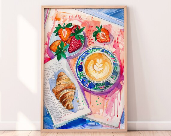 Coffee and Croissant Watercolor Art Print, Kitchen Art