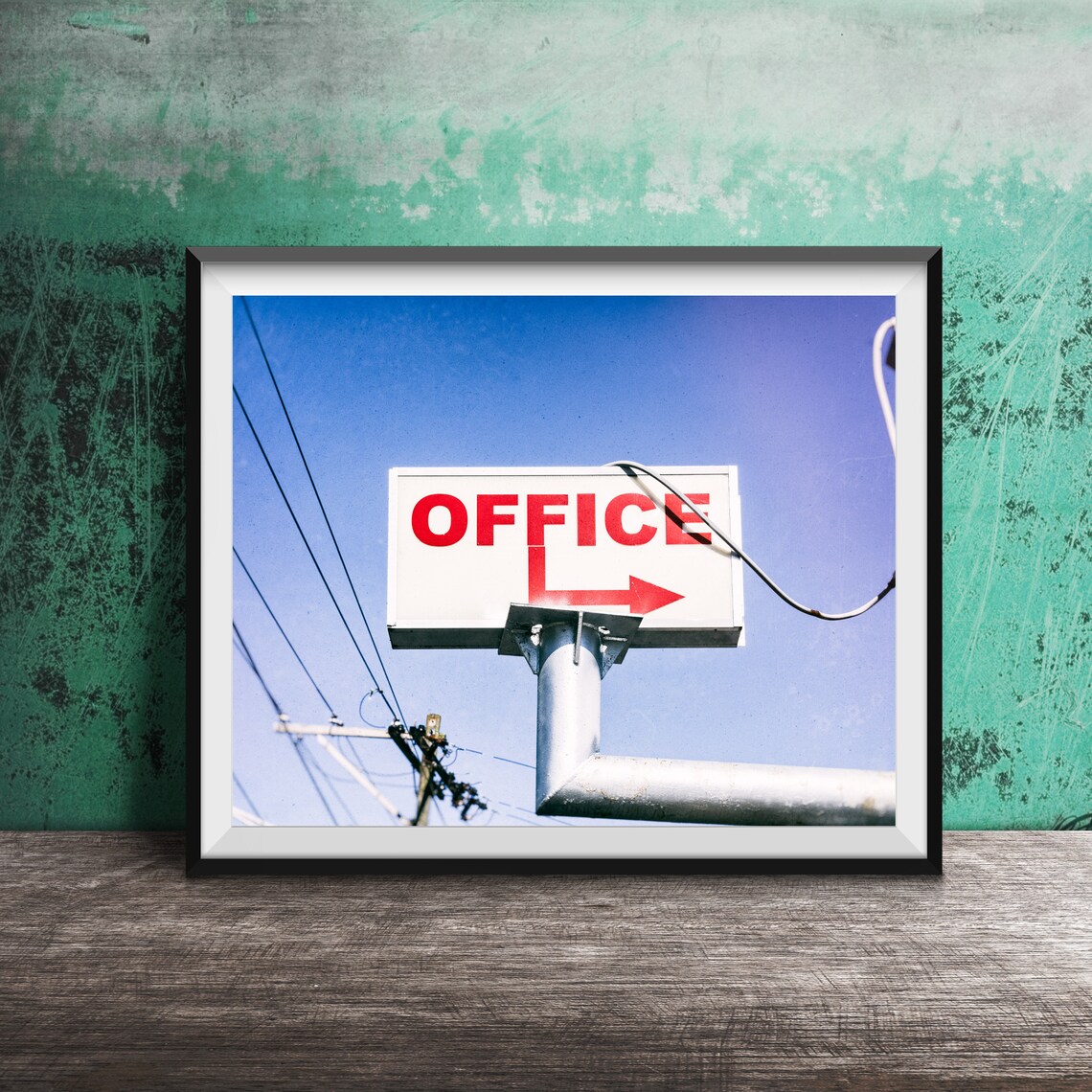 Vintage Red Office Sign Blue Sky Retro Photography Decor Poster