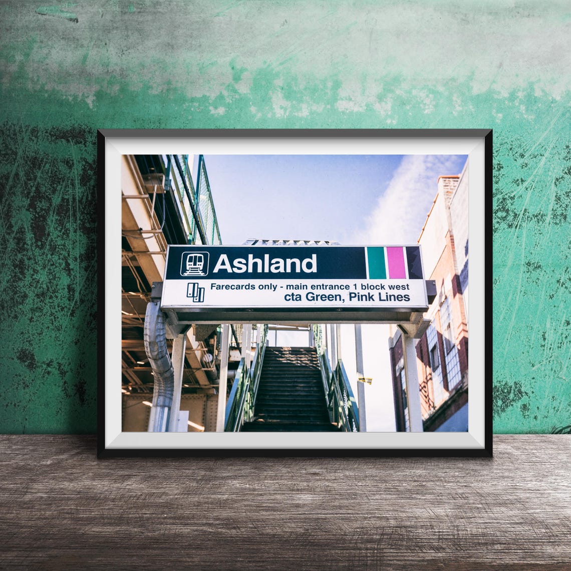Ashland CTA Station Sign Green Pink Lines Chicago Train Poster
