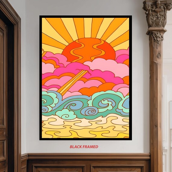 Groovy Retro 70s Sunrise With Pink Clouds And Ocean Waves Poster