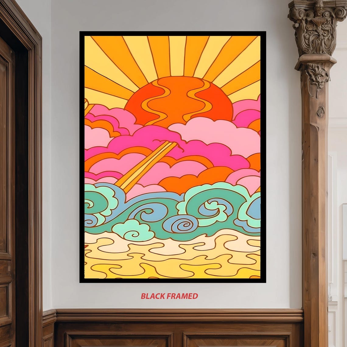 Groovy Retro 70s Sunrise With Pink Clouds And Ocean Waves Poster