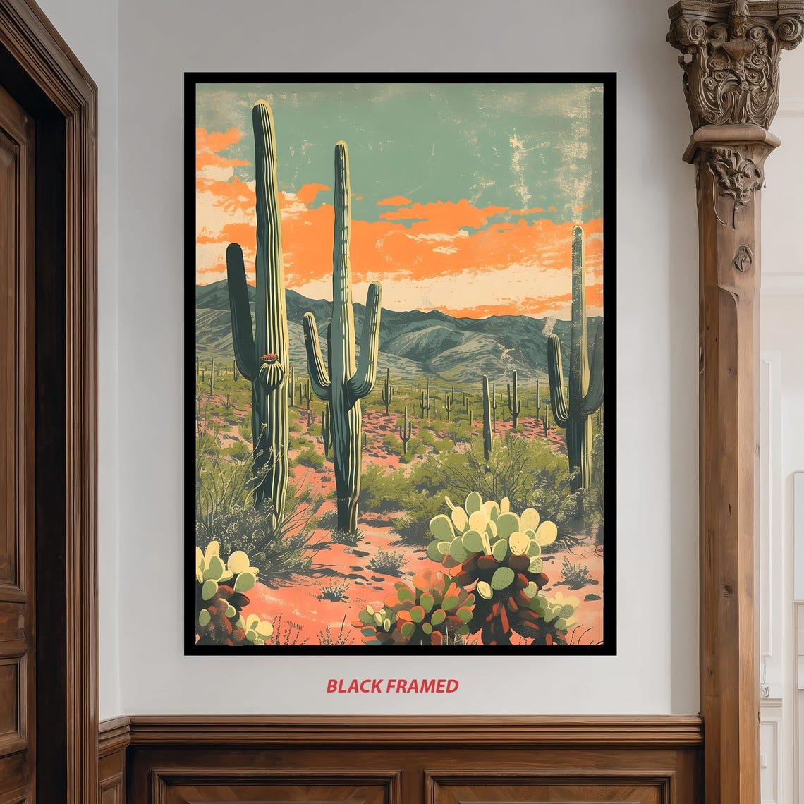 Vintage Desert Landscape Saguaro Cactus Sunset Rustic Art Poster