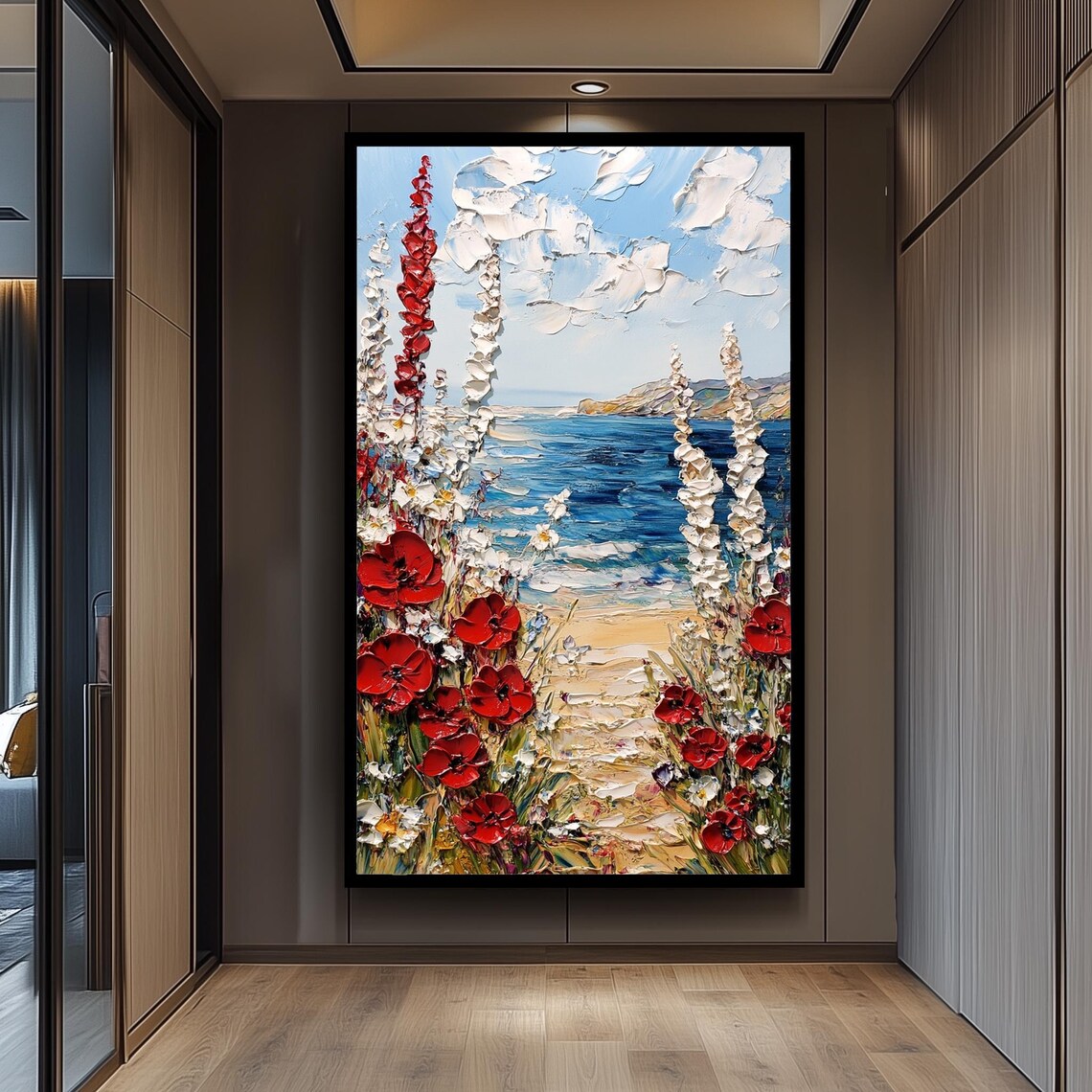 Red Poppies Coastal Seascape Impasto Oil Painting Beach View Poster