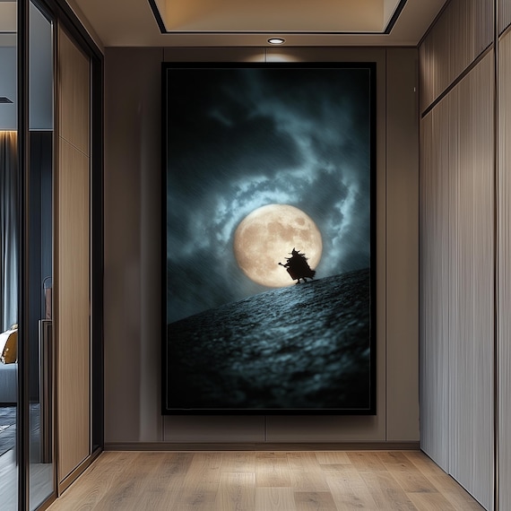 Witch Silhouette In Front Of Full Moon Dark Fantasy Halloween Wall Art Print For Witchcore Home Decor Gothic Room Or Spooky