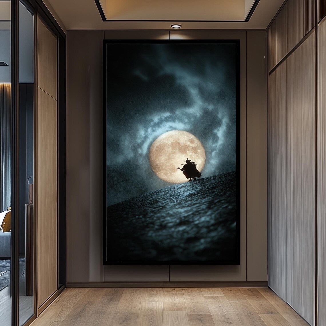 Witch on a Broomstick Silhouette Full Moon Dark Fantasy Halloween Poster