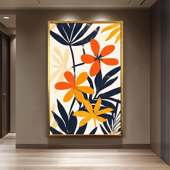 Matisse Inspired Bold Floral Pattern with Navy Leaves Art Poster