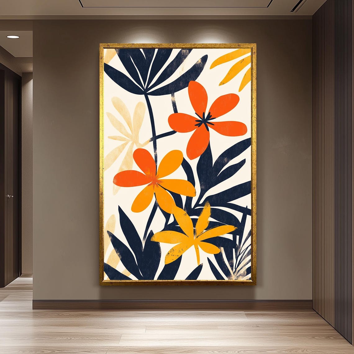 Matisse Inspired Bold Floral Pattern with Navy Leaves Art Poster