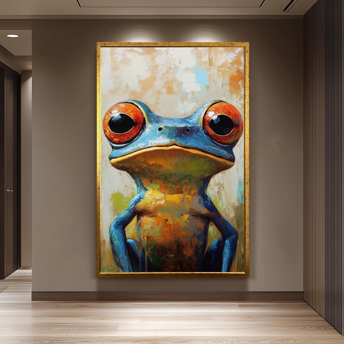 Colorful Surreal Blue Frog with Big Orange Eyes Oil Painting Poster