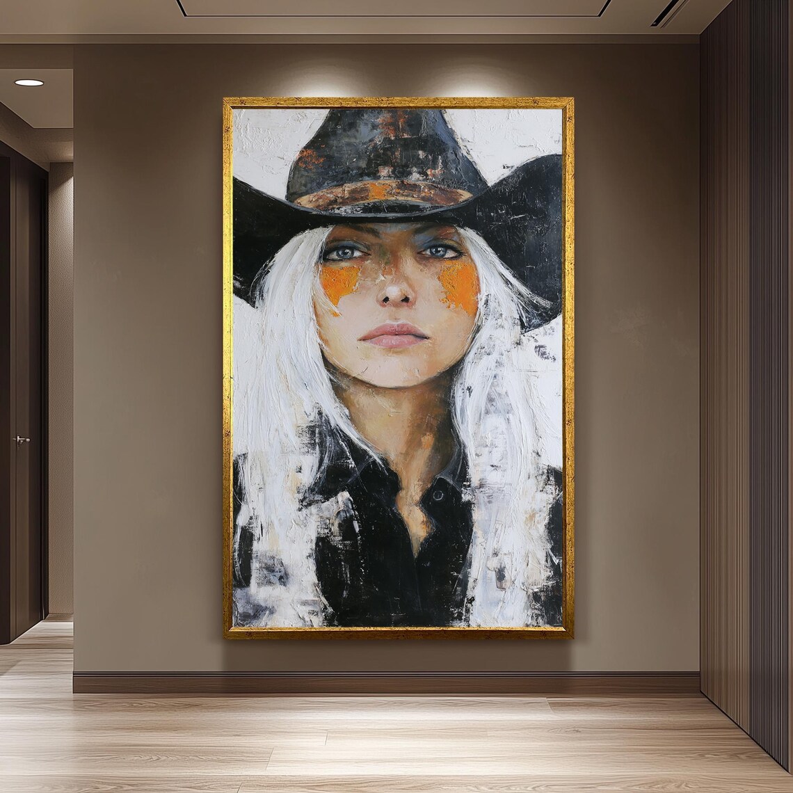 Bold Cowgirl Portrait White Hair Black Hat Textured Oil Poster