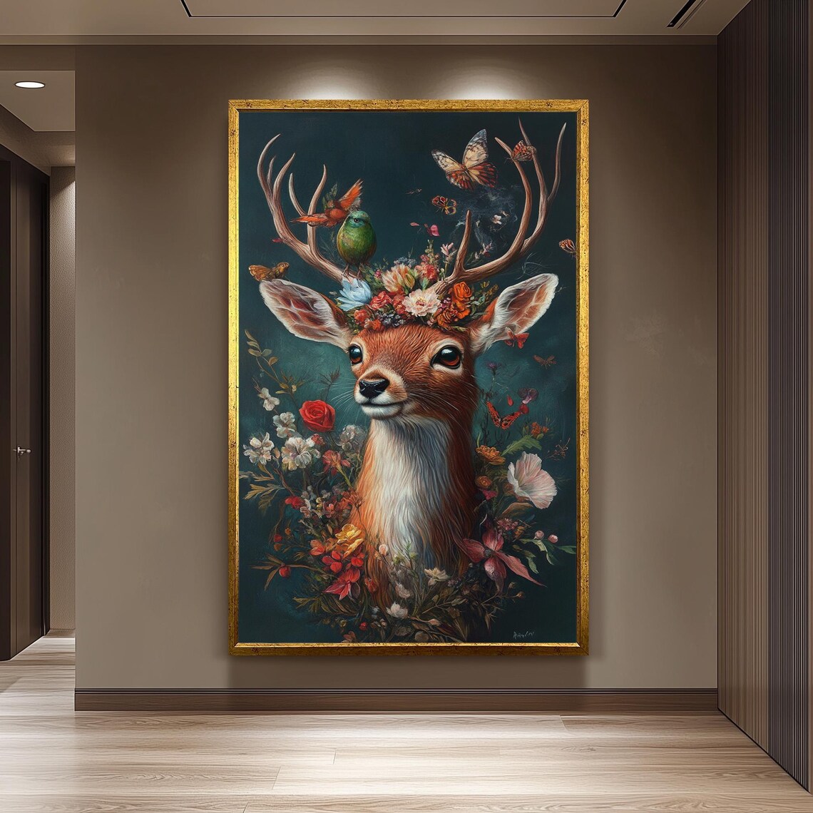 Whimsical Floral Deer Antlers Birds Butterflies Surreal Art Poster