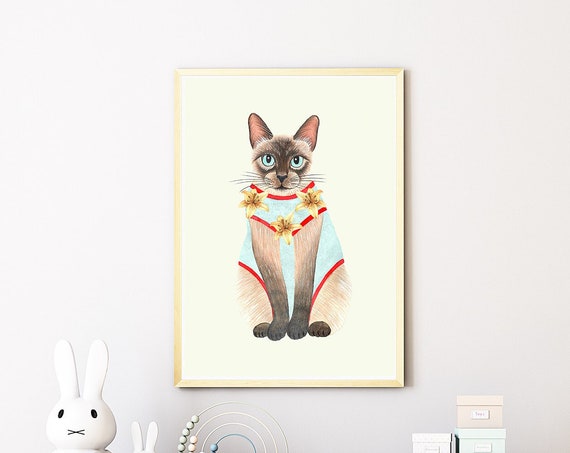 Siamese Cat For Kids Room Decor Nursery Print Cute Animal Poster Kitten Whimsical Art Playroom