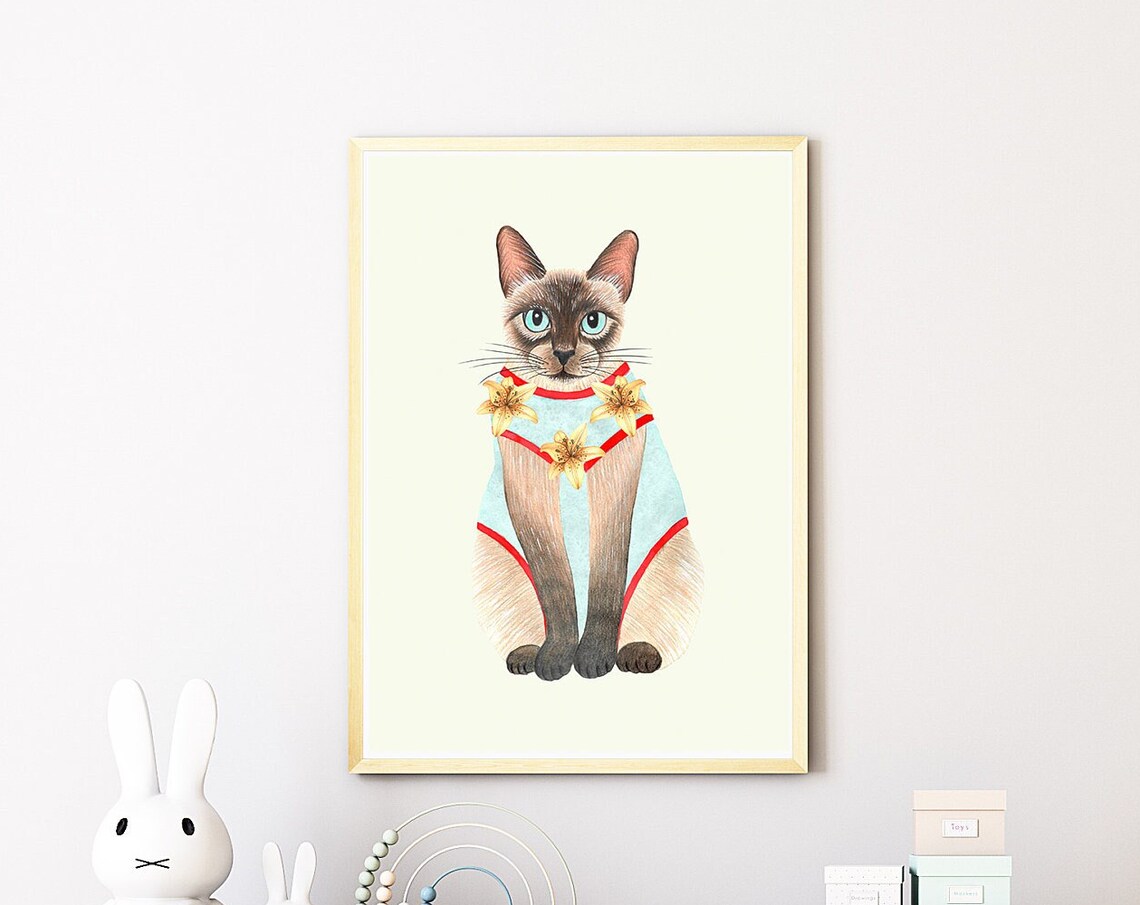 Siamese Cat Wearing Floral Shirt Watercolor Cute Nursery Poster