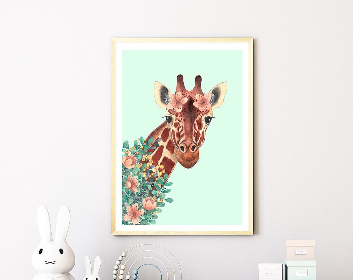 Giraffe With Floral Crown Watercolor Safari Baby Nursery Poster