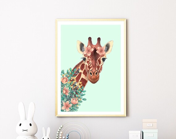 Giraffe With Floral Crown Watercolor Safari Baby Nursery Poster