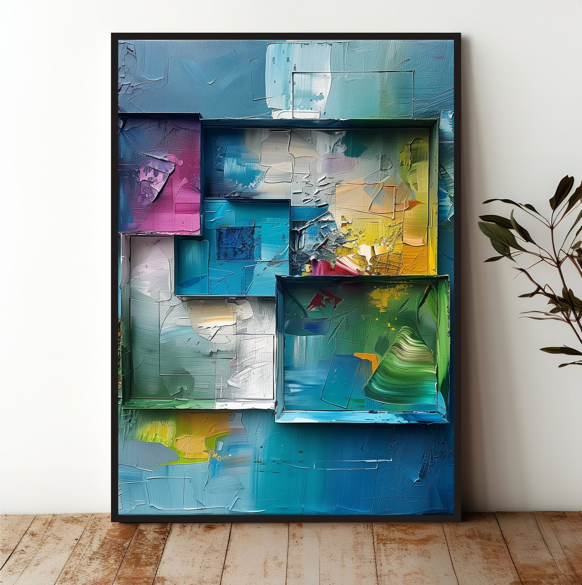 Vibrant 3D Geometric Squares Colorful Abstract Textured Art Poster