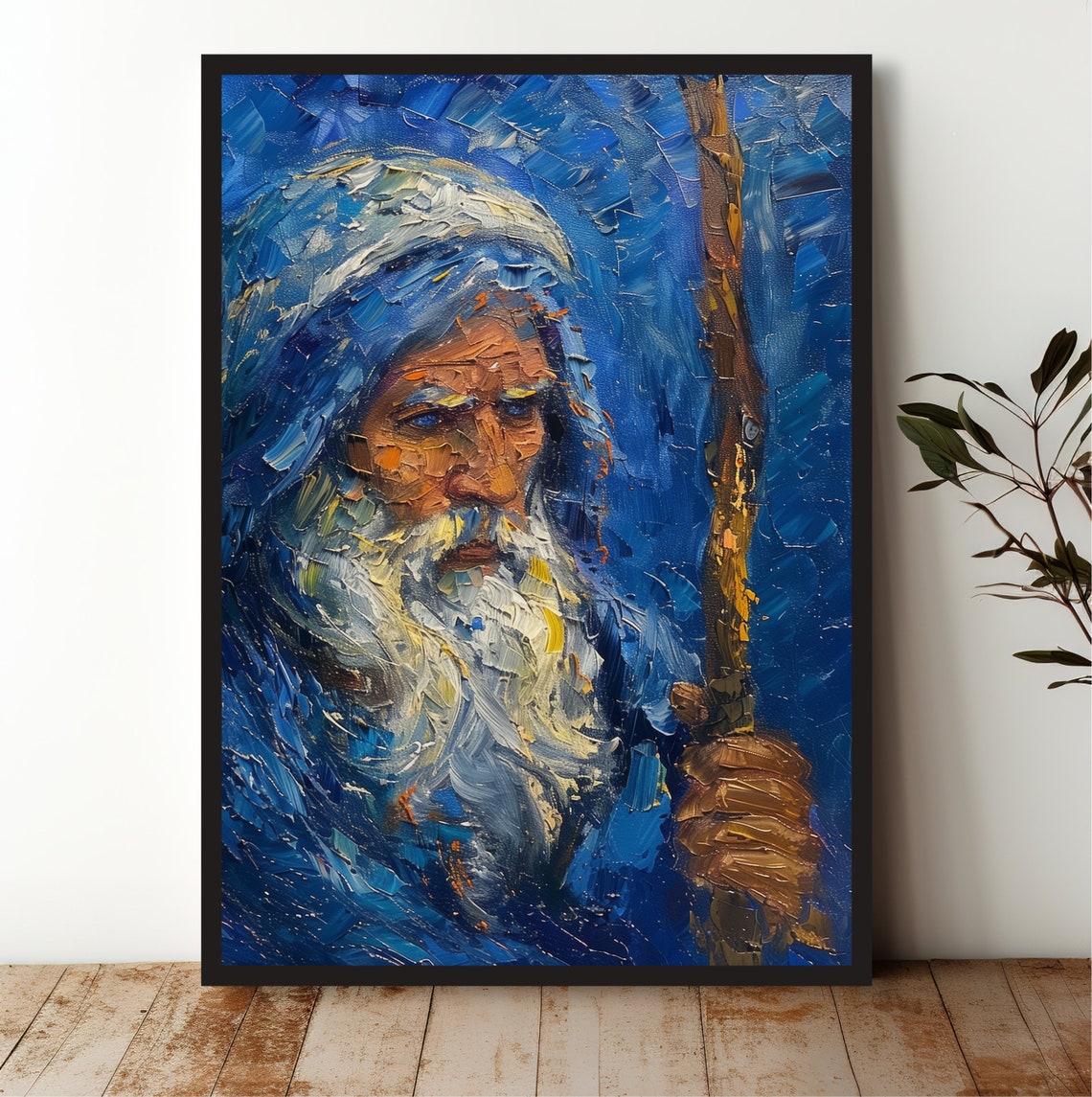 Moses Blue Impasto Portrait Prophet Staff Biblical Art Poster