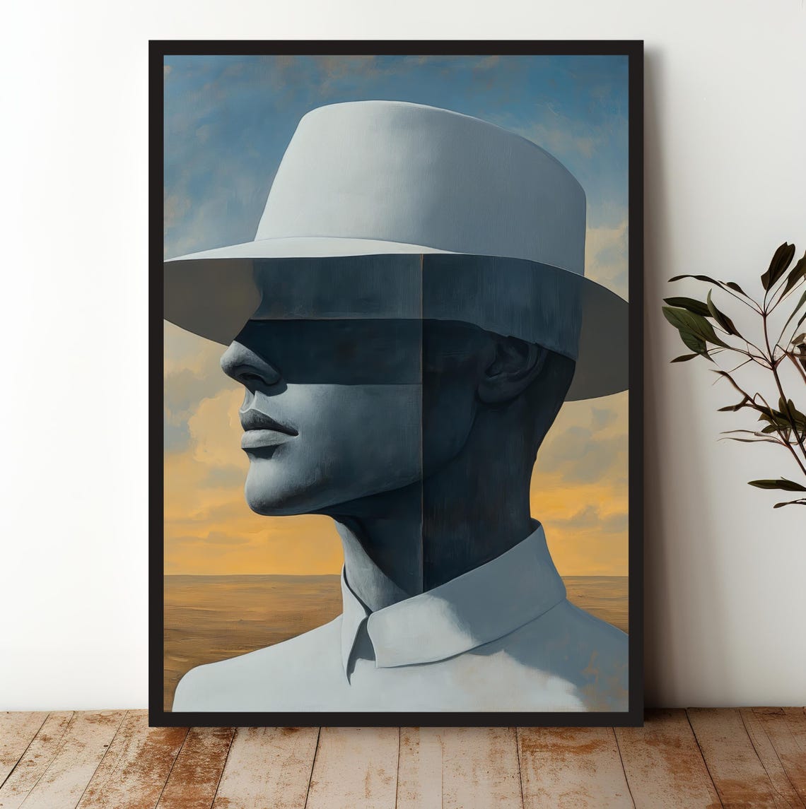 Man in White Hat Grayscale Surreal Desert Portrait Art Print