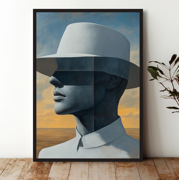 Man in White Hat Grayscale Surreal Desert Portrait Art Print