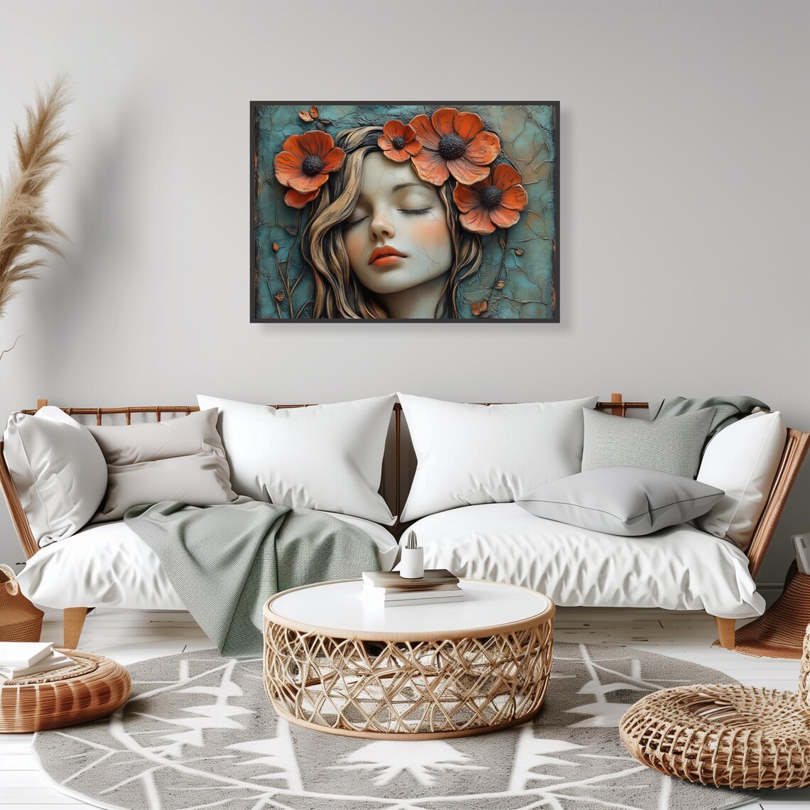 Dreamy Woman Orange Poppies Floral Textured Portrait Art Poster - Image 2