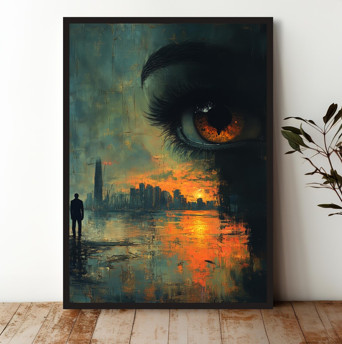 Giant Amber Eye City Sunset Surreal Urban Landscape Art Poster