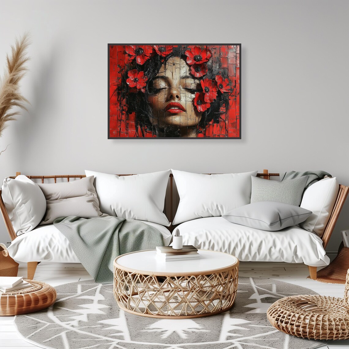 Bold Red Poppy Woman Portrait Floral Oil Painting Scene Art Print - Image 2