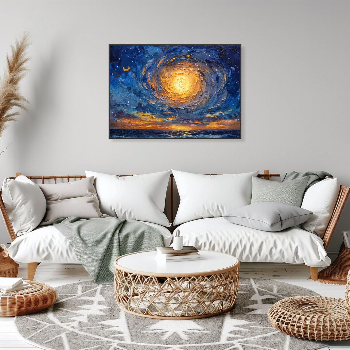 Swirling Golden Moon Ocean Night Impasto Seascape Art Poster - Image 2