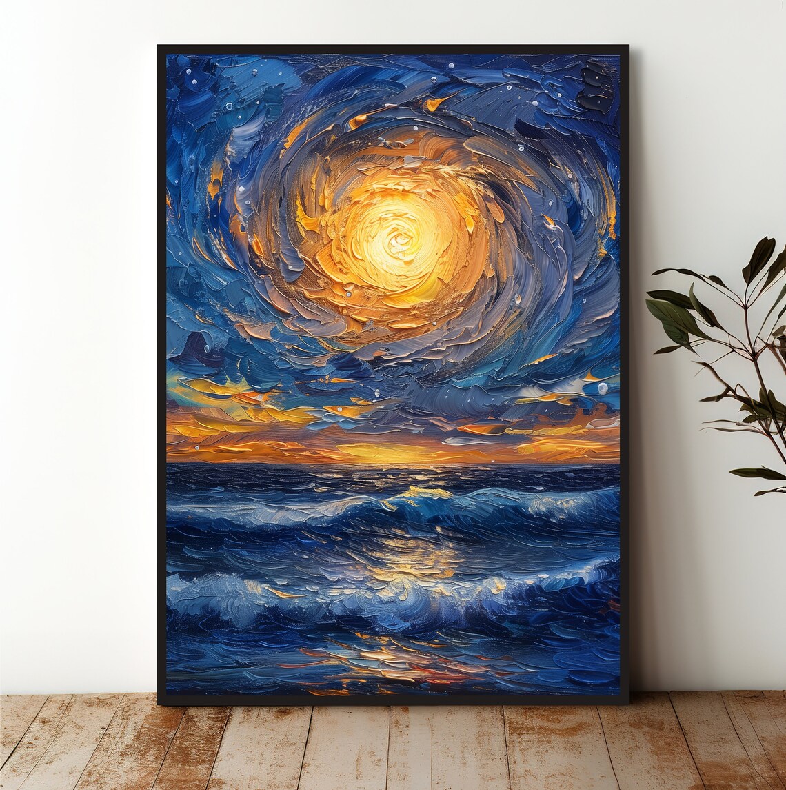 Swirling Golden Moon Ocean Night Impasto Seascape Art Poster