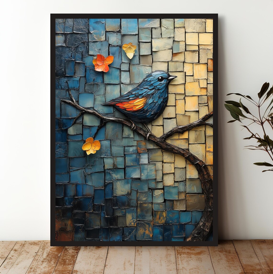 Blue Mosaic Bird Perched on Branch Textured Nature Scene Art Print