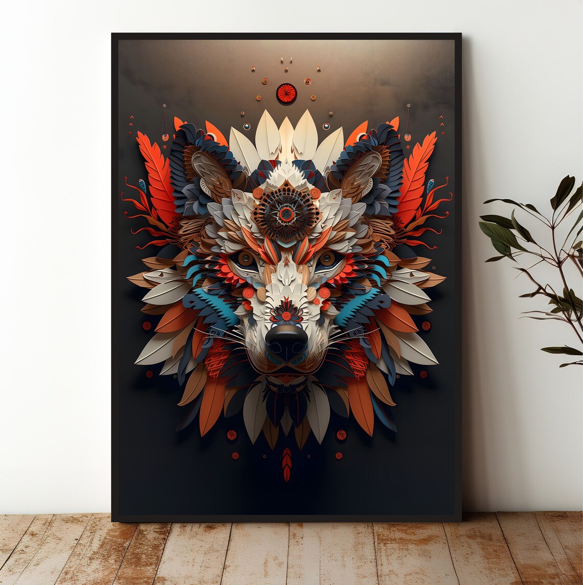 Paper Cut Feather Fox Face Mandala Vibrant Wildlife Decorative Art Poster