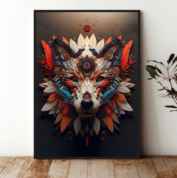Paper Cut Feather Fox Face Mandala Vibrant Wildlife Decorative Art Poster