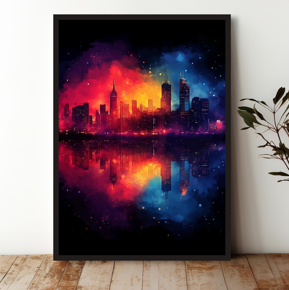 Vibrant Neon City Skyline Night Sky Reflection Scene Art Print