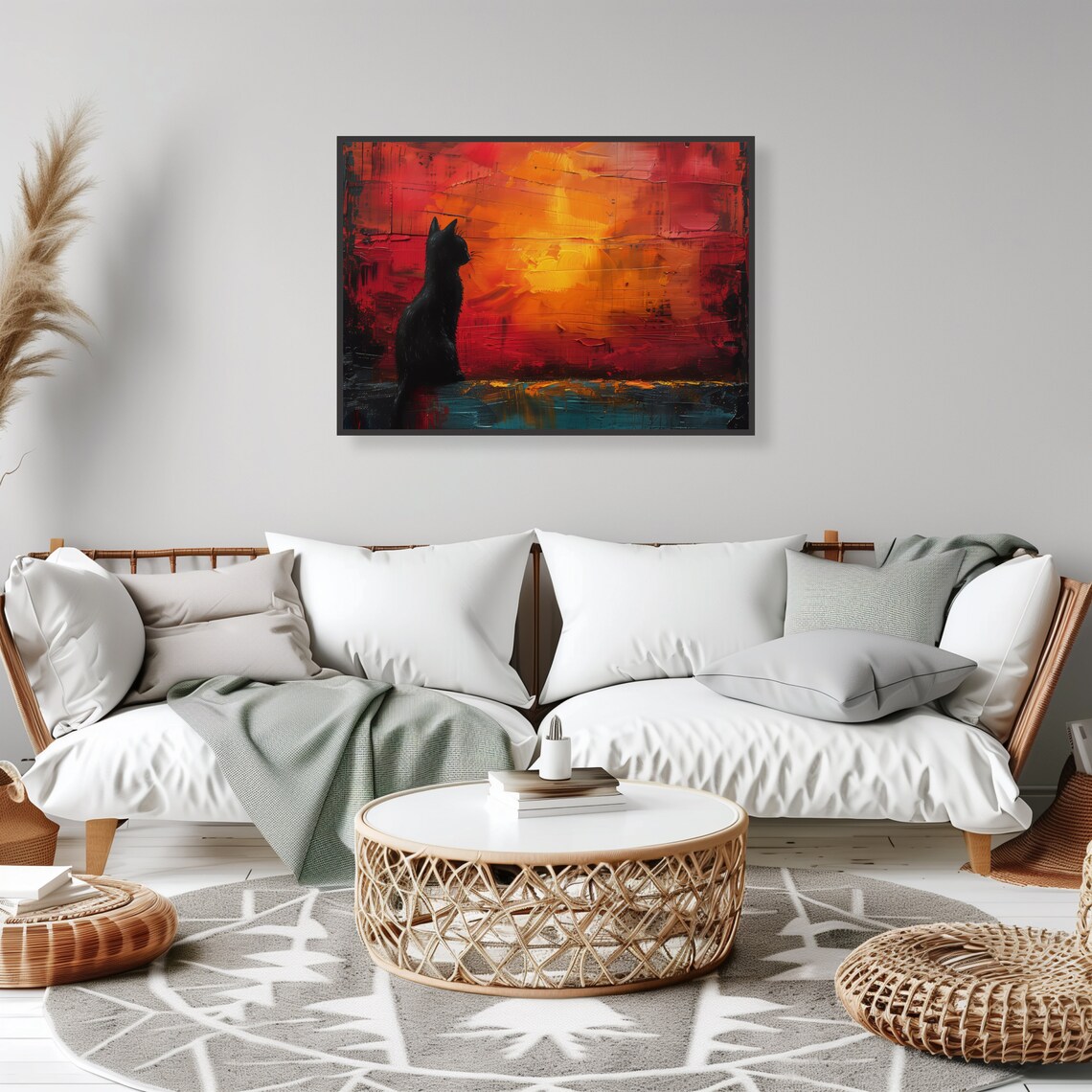 Black Cat Silhouette Against Fiery Red Orange Abstract Moody Art Poster - Image 2