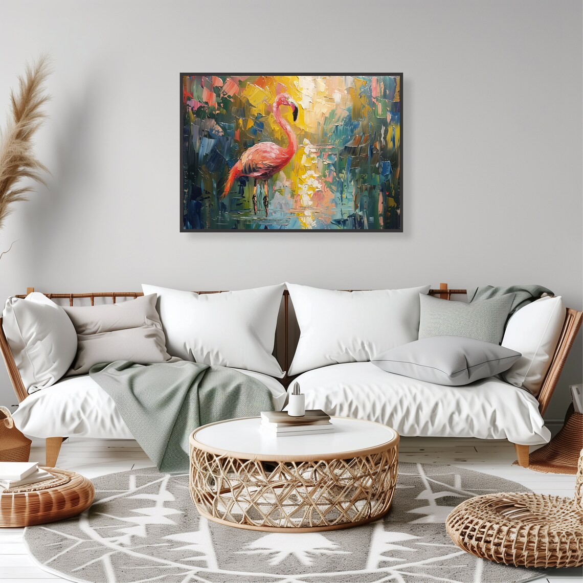 Pink Flamingo Impasto Painting Colorful Lagoon Wildlife Art Print - Image 2
