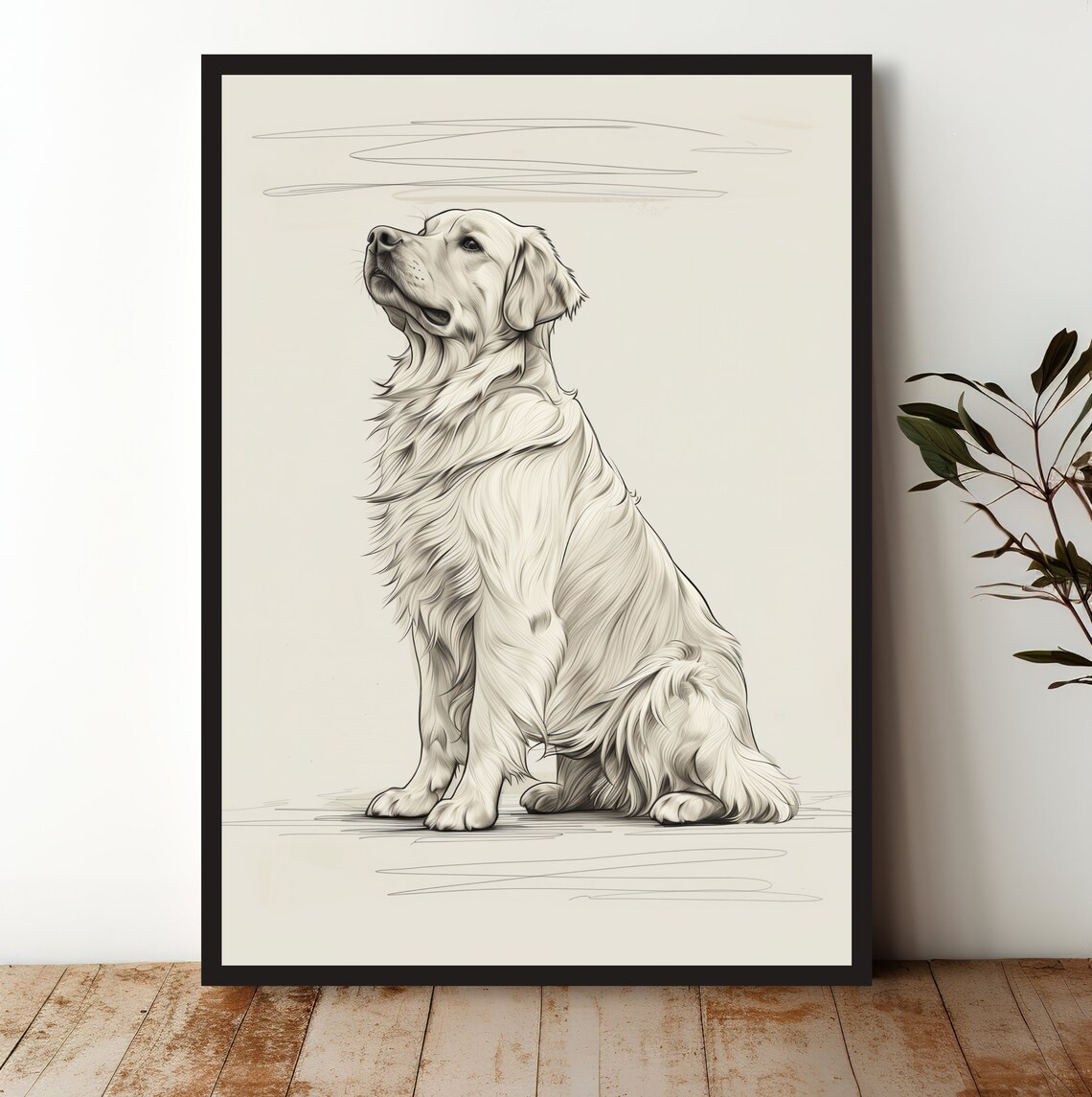 Golden Retriever Line Sketch Sitting Pet Portrait Artwork Print