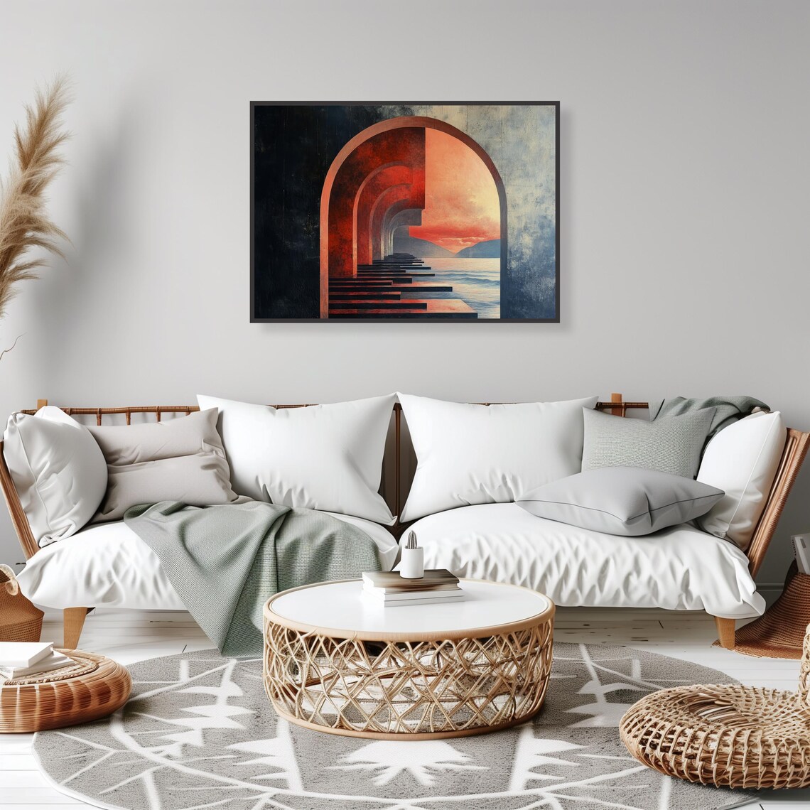 Surreal Crimson Archway Tunnel Opening Onto Ocean Sunset Poster - Image 5