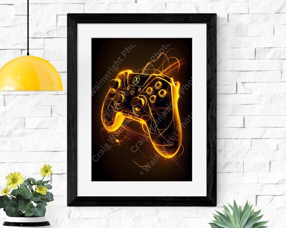 Neon Orange Glowing Xbox Game Controller Light Trail Gamer Poster