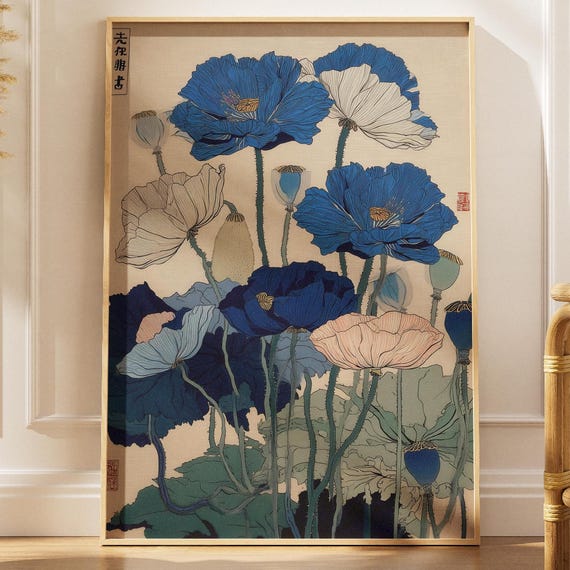 Japanese Blue Poppy Wall Art Print Ukiyoe Poster Cream Floral Traditional Woodblock Flower