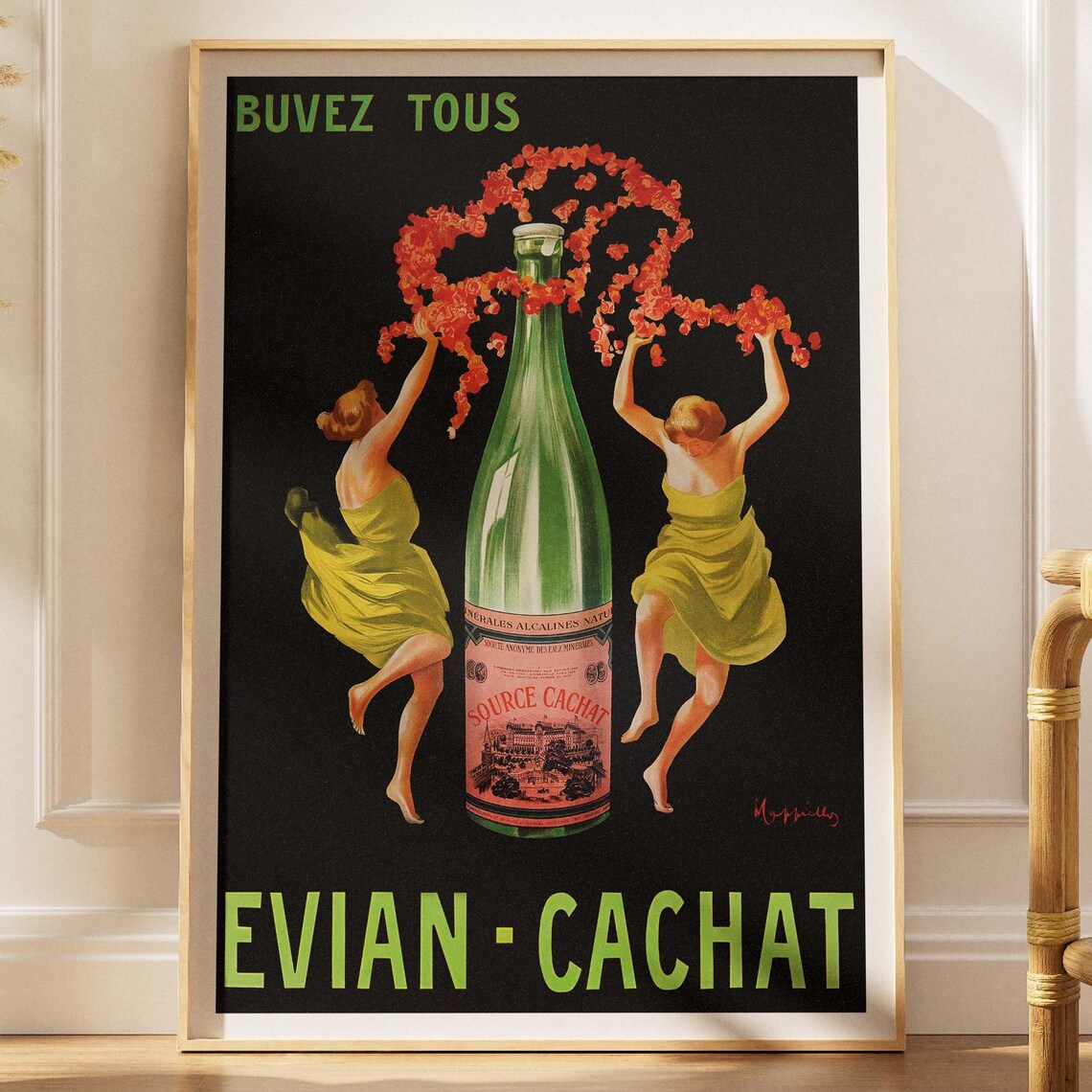 Evian Cachat Buvez Tous Vintage French Green Bottle Ad Art Poster