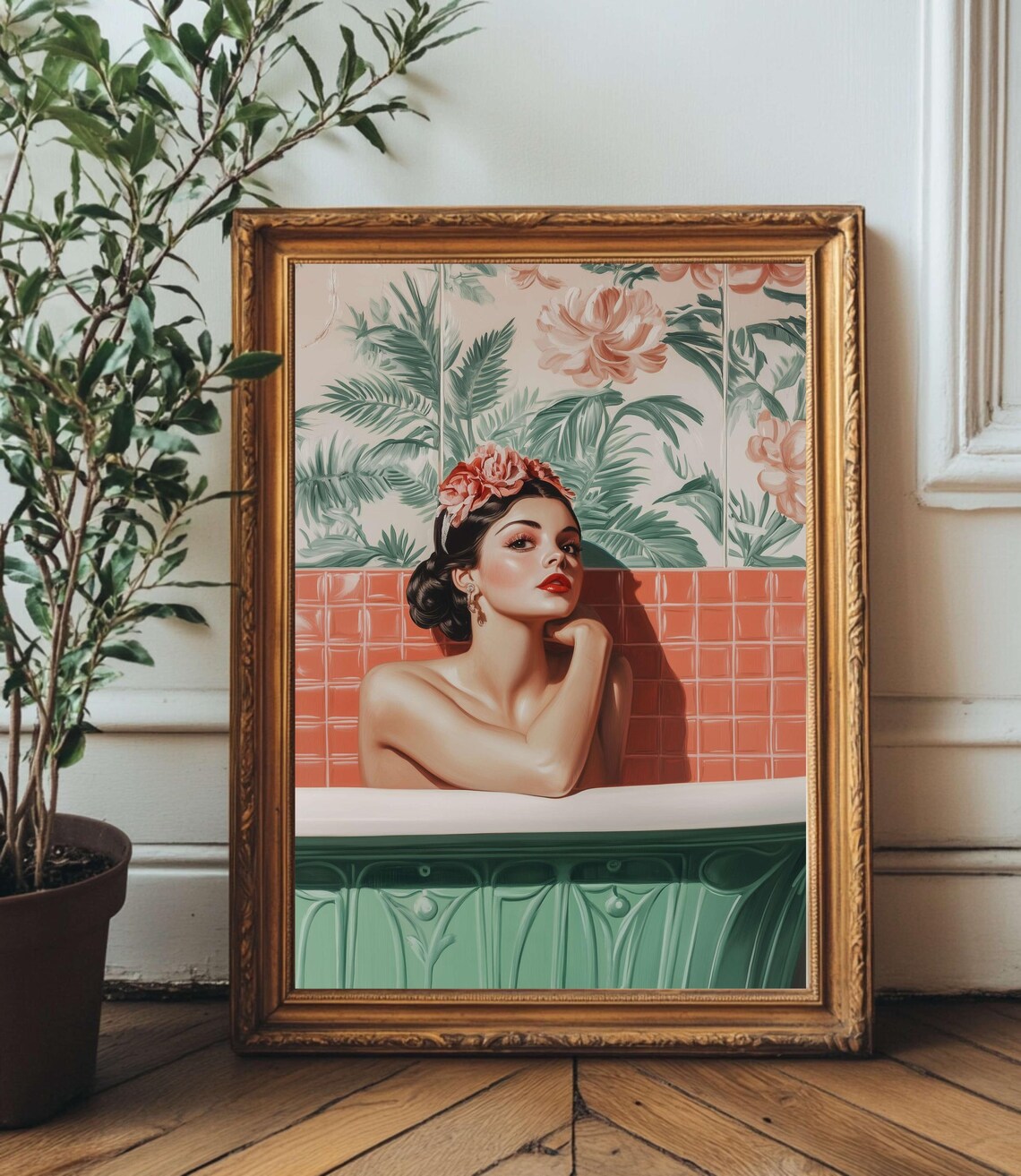 Retro Glam Woman With Flower Crown In A Botanical Bathtub Print